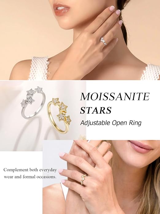 Moissanite Flower/Butterfly/Star Pretty Open Ring for Women, Adjustable Ring, Solid 925 Sterling Silver with Gold Plated, Stackable Ring, Birthday Valentines Anniversary Mothers Day Ideal Gift for Her