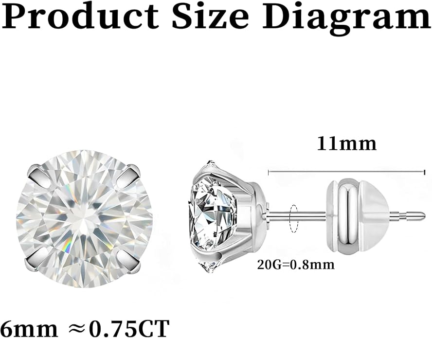 Moissanite Stud Earrings in 14K White Gold Plated Titanium | HypoAllergenic Earrings for Women & Men