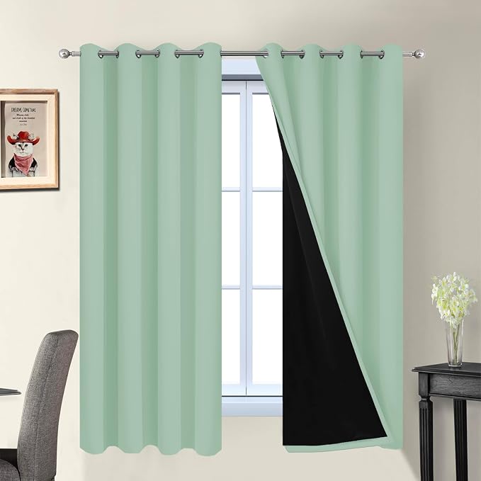 Yakamok Light Sage 100% Blackout Curtains 63 Inches Long 52" Wide, 2 Panels | Blackout Curtain Panels for Bedroom, 2 Thick Layers Grommet Top Thermal Insulated Drapes with Black Liner for Living Room