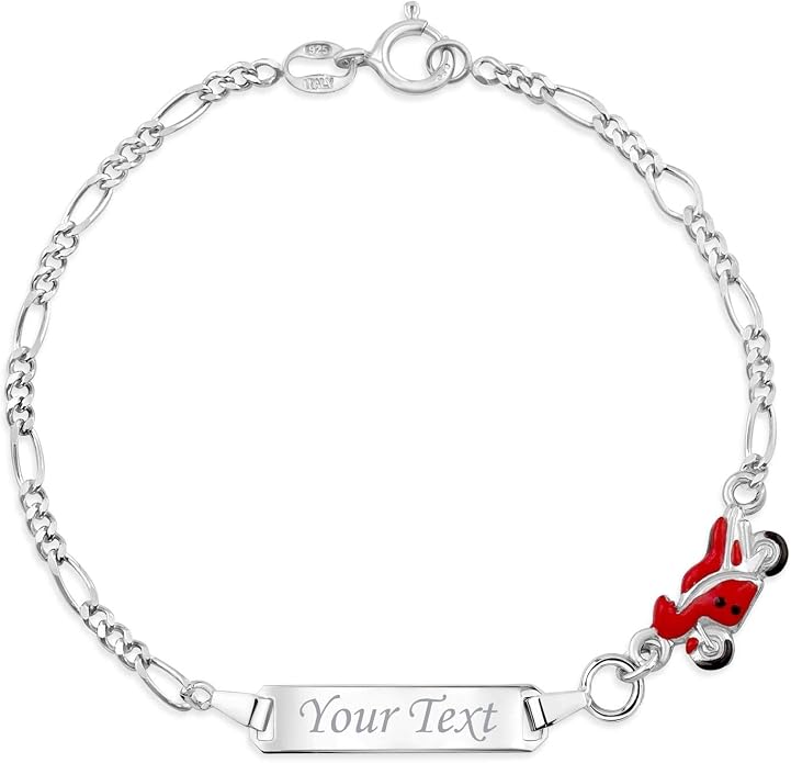 UNICORNJ 925 Italy Sterling Silver Child or Baby Name Bracelet Girls Boys, Personalized Engraved Kids ID Bracelets, 6.5" Figaro Chain, Enamel Charm Newborn Infant Toddler Kid Jewelry