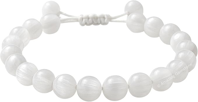 Amazing Gemstone Selenite Bracelet, Gifts for Men & Women - Protection Healing Crystal Bracelet - 8mm Gemstone Beaded Adjustable Bracelet, Pulseras para Hombres Mujer Stocking Stuffers