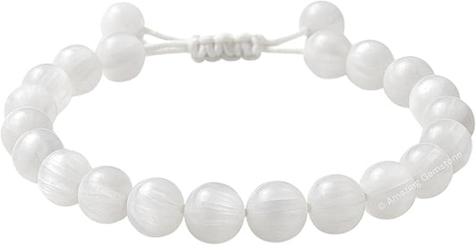 Amazing Gemstone Selenite Bracelet, Gifts for Men & Women - Protection Healing Crystal Bracelet - 8mm Gemstone Beaded Adjustable Bracelet, Pulseras para Hombres Mujer Stocking Stuffers