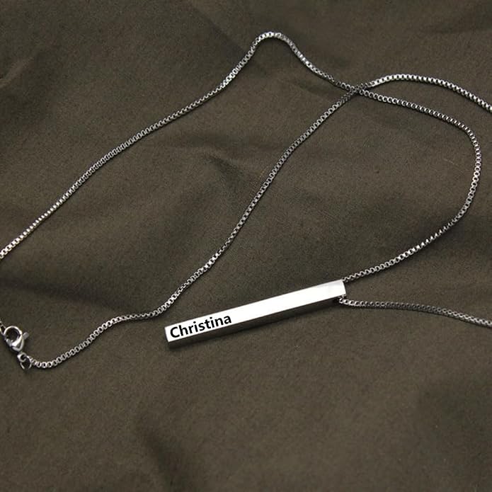 Sterling Silver Personalized 4 Sided Vertical 3D Engraved Bar Pendant Necklace Meaningful Gift for Mom,Women