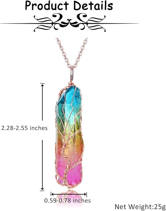 PESOENTH Crystal Necklace Life Tree Rainbow Quartz Gemstone Healing Stone Rose Gold Wire Wrap Necklace Crystal Jewelry Spiritual Gifts for Women