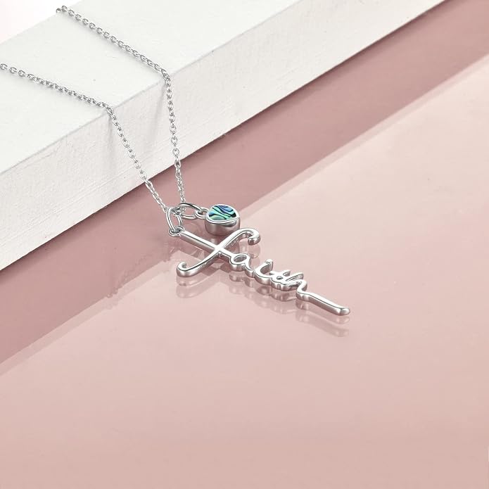 Faith Cross Necklace For Women Birthstone Sterling Silver with Simulated Birthstone Cross Jewelry Christian Gifts