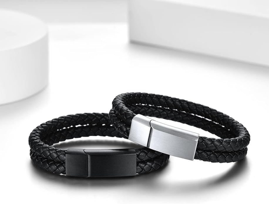 ChainsHouse Mens Wrap Braided Leather Black Bead Bracelets Bangles, Vintage Star of David/Wing Skull/Templar Cross Genuine Leather Bracelet, Customize Available, Size 7.5/8.3/9.0 Inch, Send Gift Box