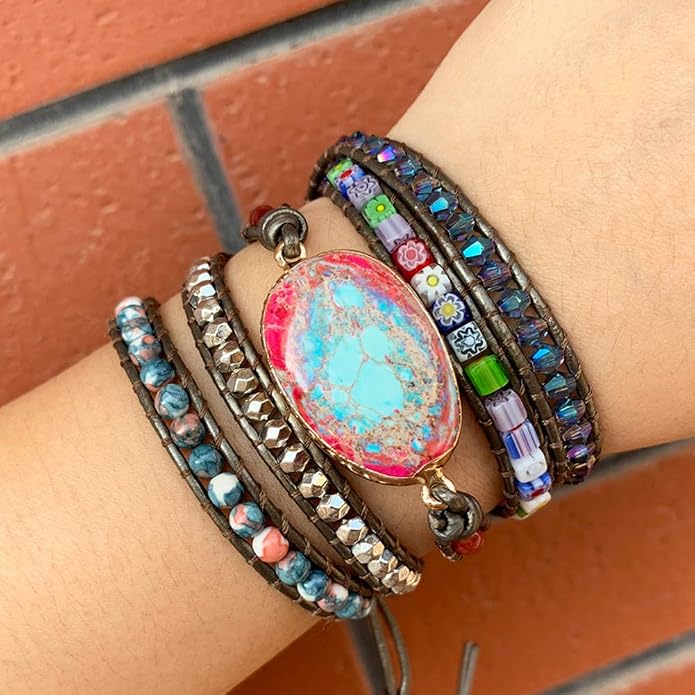 Boho Wrap Bracelet for Women, Handmade Natural Imperial Jasper Multi-Layer Stone Beaded Bracelet, Bohemian Healing Crystal Stone Jewelry Gifts