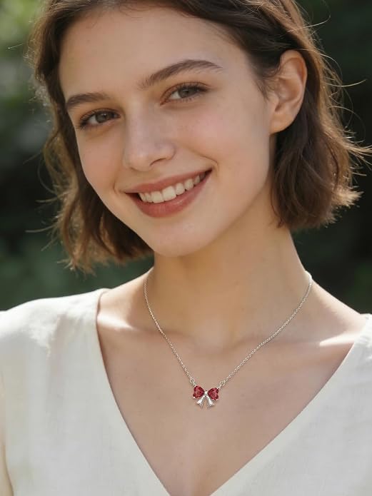 ChicSilver Bow and Cat Birthstone Necklace, 925 Sterling Silver Pendant Necklaces for Women, Hypoallergenic Silver Choker with 16 inch Rolo Chain, 12 Months Jewelry for Valentines Mothers Day Christmas