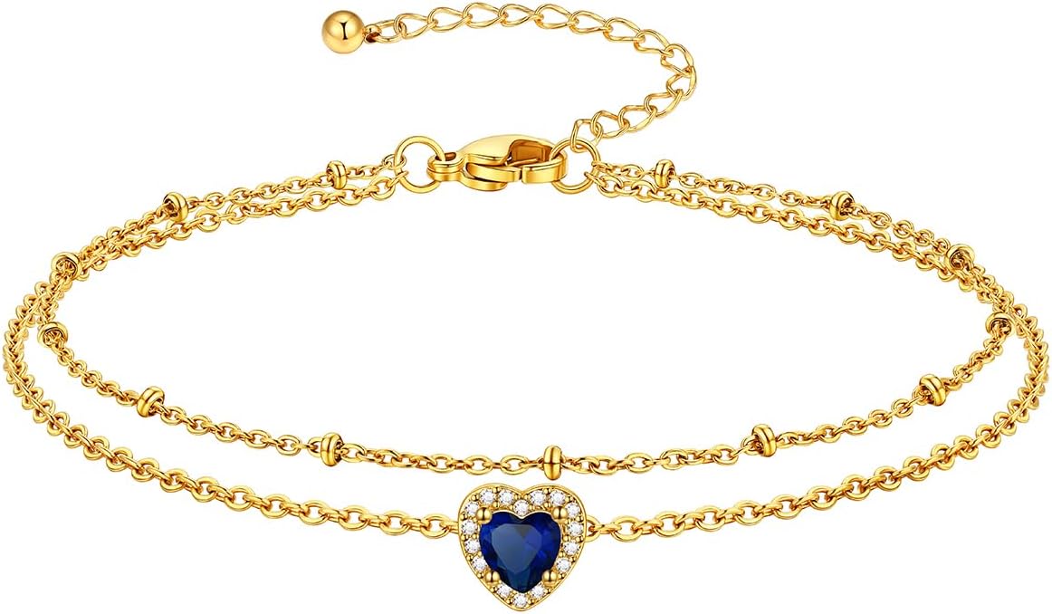 Richsteel Double Layer Heart/Butterfly Birthstone Anklet for Women Non Tarnish Waterproof, Silver/Gold/Black Stainless Steel 8.5-10.5 Inch Adjustable Chain Anklets Jewelry Gifts for Her