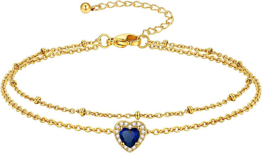 Richsteel Double Layer Heart/Butterfly Birthstone Anklet for Women Non Tarnish Waterproof, Silver/Gold/Black Stainless Steel 8.5-10.5 Inch Adjustable Chain Anklets Jewelry Gifts for Her