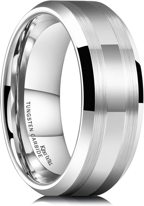 King Will Classic Tungsten Carbide Ring Brushed Two Grooved Center Hammered Design Mens Wedding Band for Men