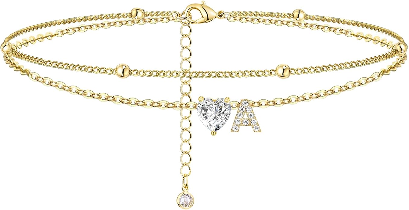 Ankle Bracelets for Women Waterproof 14K Gold Plated CZ Initial Anklet for Women Dainty Layered Letter Heart Ankle Bracelets Handmade Adjustable Foot Chain Anklet Summer Beach Jewelry