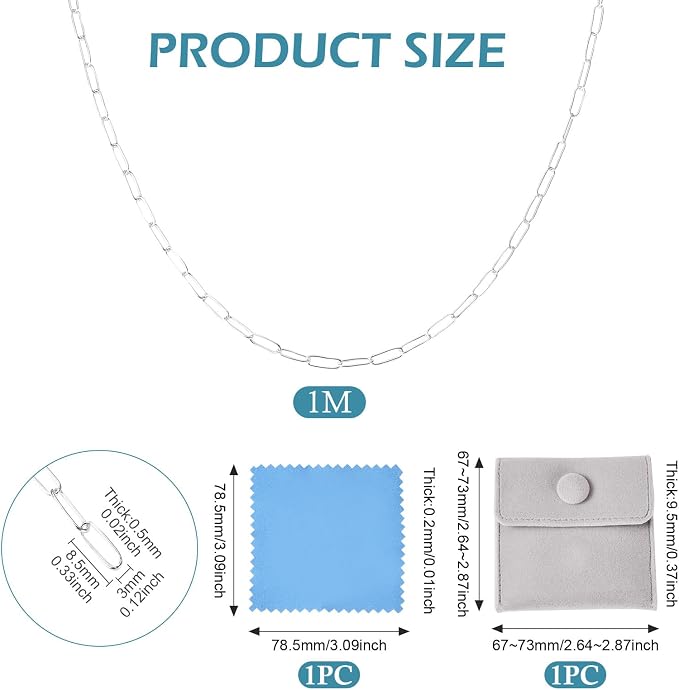 3.28 Feet Sterling Silver Paperclip Chain Paperclip Link Necklace Oval Cable Chain with Velvet Polishing Cloth Permanent Bracelet Kit 8.5x3mm for Women Men Necklace Jewelry Making