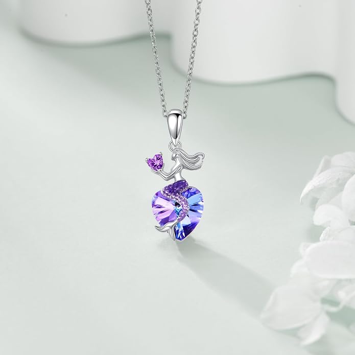 Mermaid Birthstone Necklace for Women 925 Sterling Silver Jewelry Austrian Crystal Pendant Christmas Gifts for Her