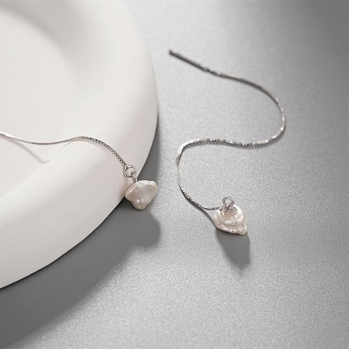 JaruJaru Vermeil Chain Freshwater Pearl Earrings for Women, Gold Threader Earrings, Gold plated on S925 Sterling Silver, Hypoallergenic Thread Through Dangle Earrings