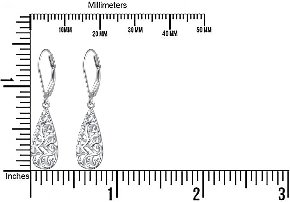 Sterling Silver Leverback Dangle Earrings for Women Teardrop Filigree 14K Gold Plated Dangly Earrings Mother’s Day Gift