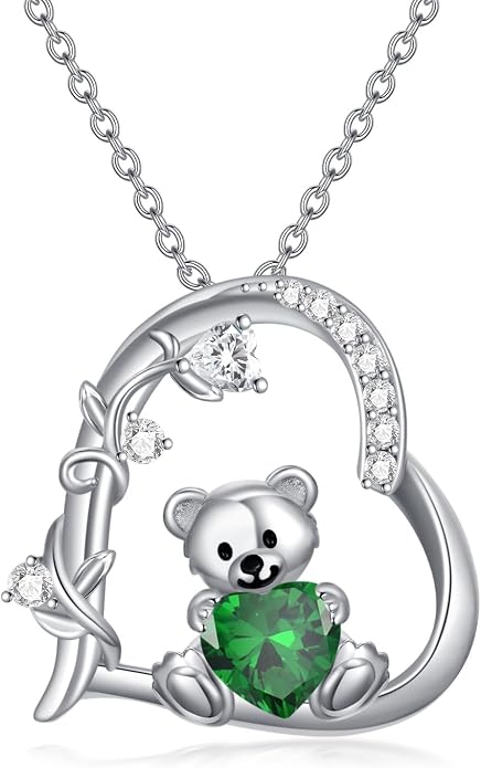 PELOVNY Teddy Bear Necklace for Women 925 Sterling Silver Bear/Highland Cow/Fox/Cat/Axolotl Birthstone Necklace Christmas Birthday Jewelry Gifts for Mom Daughter Wife Sister