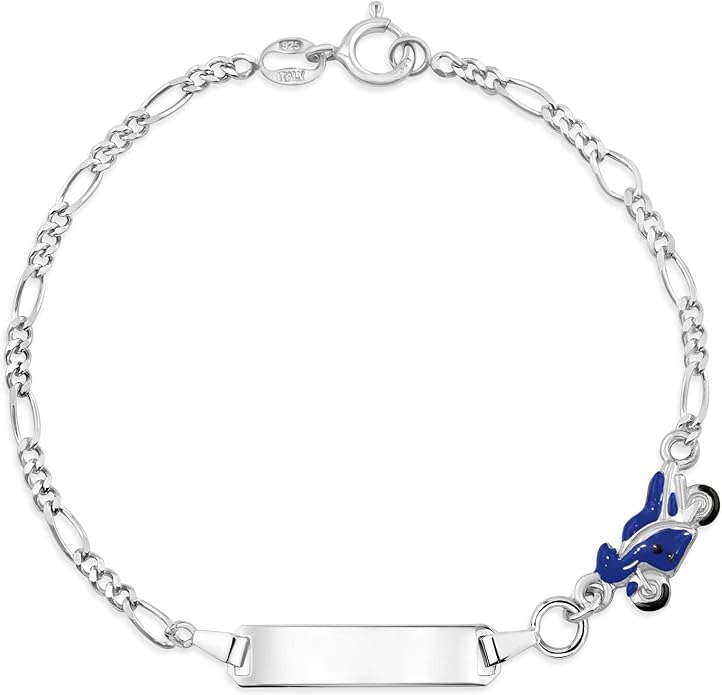 UNICORNJ 925 Italy Sterling Silver Child or Baby Name Bracelet Girls Boys, Personalized Engraved Kids ID Bracelets, 6.5" Figaro Chain, Enamel Charm Newborn Infant Toddler Kid Jewelry