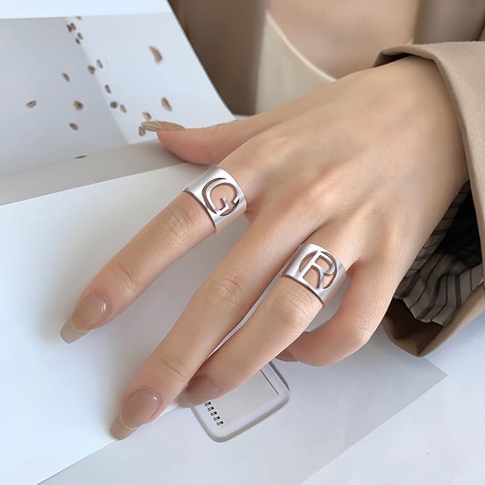 KeyStyle Bold Initial Letter Rings Adjustable, GoldChic Jewelry Women Gold Statement Ring Personalized Engraved Women’s Open Signet Ring for Party (Gold, White Gold, Black)
