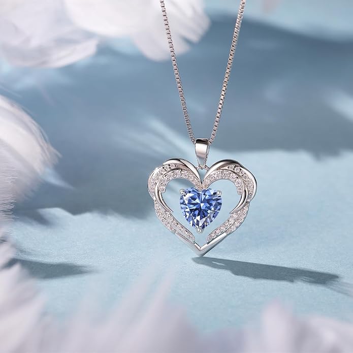 Heart Necklaces for Women Mother's day Gifts, Birthstone 925 Sterling Silver Angel Wings Love Pendant Necklaces for Women, Jewelry Gifts for Wife, Anniversary, Birthday