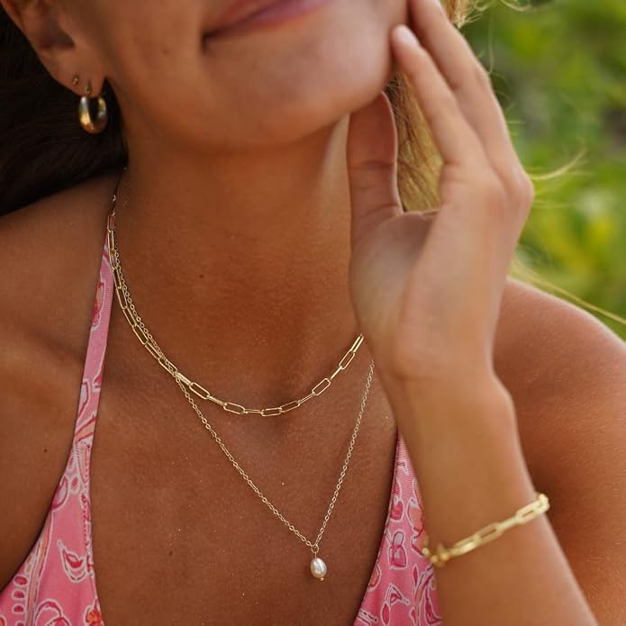 Natural Freshwater Baroque Pearl Necklace 14K Gold Plated Dainty Choker Necklace for Women Girls Snake Chain/Cuban Link/Paperclip/Ball Beaded Chain/Tennis Chain Fashion Jewelry for Gift