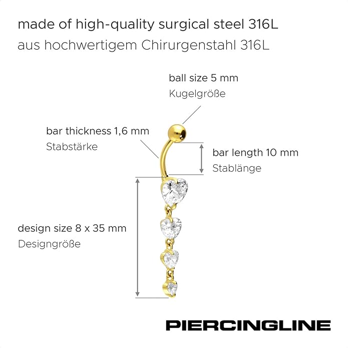 PIERCINGLINE surgical steel dangle belly button piercing with 4 hanging crystal hearts - belly button ring surgical steel, gold, silver, rosegold piercing - new version with improved durability