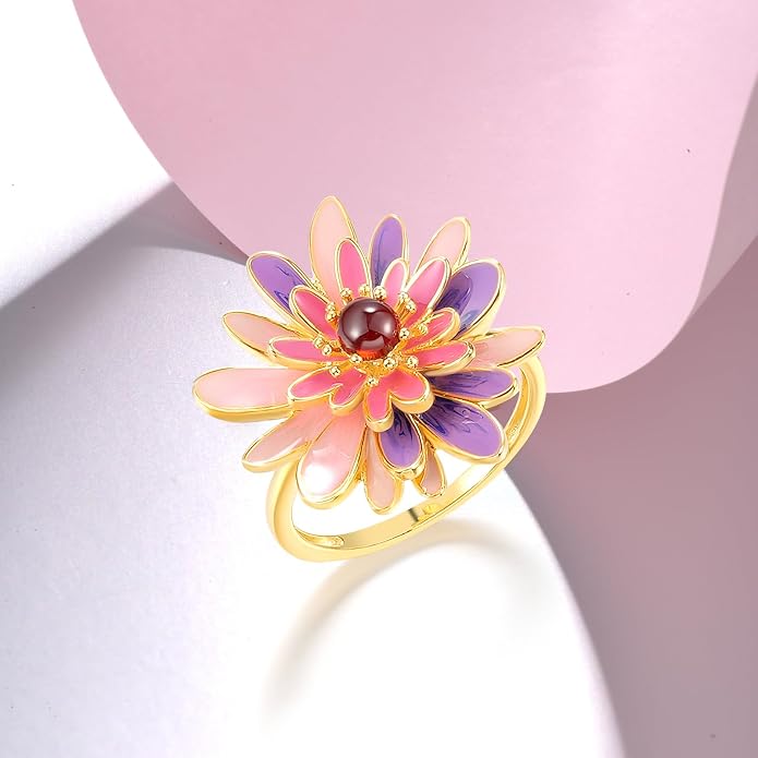 Santuzza 925 Sterling Silver Enamel Flower Statement Ring for Women