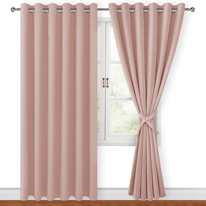 Hiasan Room Darkening Curtains for Bedroom, 70 x 84 Inches - Blackout Thermal Insulated Window Drapes for Living Room/Dorm Room, Set of 2 Panels Sewn with Tiebacks, Blush