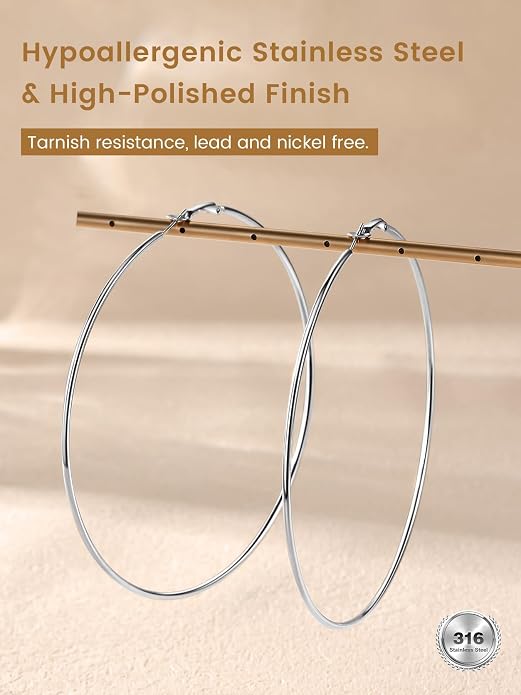 KeyStyle Gold Hoop Earrings for Women, Stainless Steel Hoops Earring Lightweight Loops, 2 mm Thick Hypoallergenic Circle Endless Thin Hoop (20/30/40/50/60/70/80/90/mm)