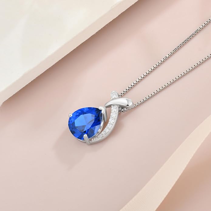 Teardrop Birthstone Necklace for Women,925 Sterling Silver Pear Cut Zircon Gemstone Pendant Necklace for Birthday Engagement Anniversary Wedding Jewelry