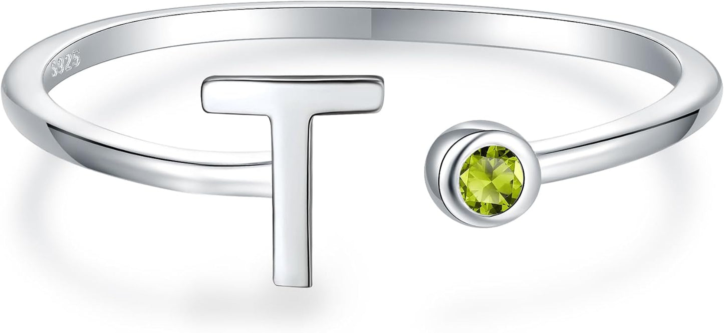 925 Sterling Silver Initial Letter Birthstone Rings for Women Adjustable 1-12 Month Birthstone Alphabet Stacking Ring for Teens Girls Stackable Birthstone Rings Birthday Jewelry Gift for Daughter Mom