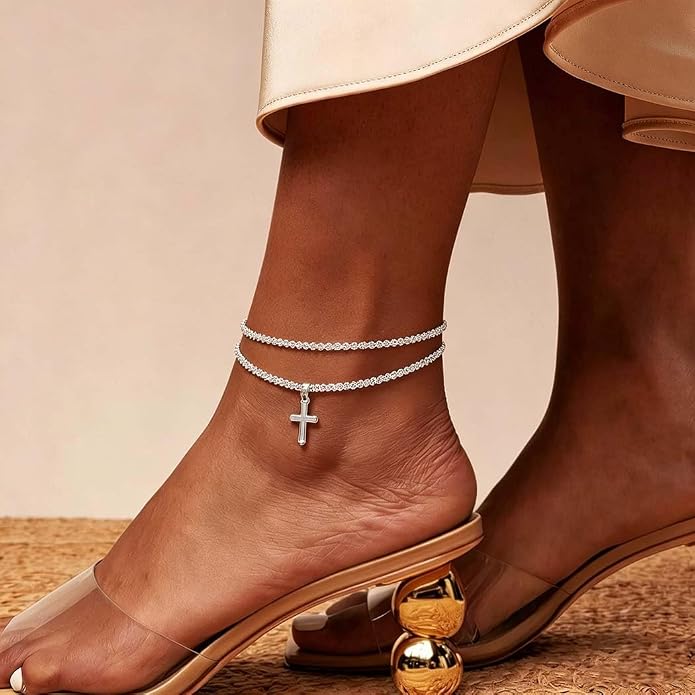 Yalice 925 Sterling Silver Ankle Bracelets for Women Dainty 14K Gold Plated Anklets Set Shiny Waterproof Ankle Chain Cross Beach Foot Jewelry Gifts