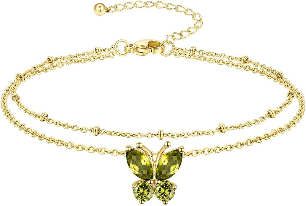 Richsteel Double Layer Heart/Butterfly Birthstone Anklet for Women Non Tarnish Waterproof, Silver/Gold/Black Stainless Steel 8.5-10.5 Inch Adjustable Chain Anklets Jewelry Gifts for Her