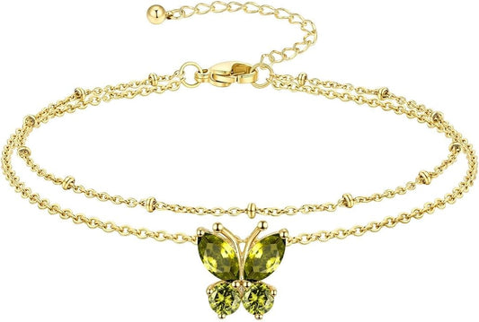 Richsteel Double Layer Heart/Butterfly Birthstone Anklet for Women Non Tarnish Waterproof, Silver/Gold/Black Stainless Steel 8.5-10.5 Inch Adjustable Chain Anklets Jewelry Gifts for Her