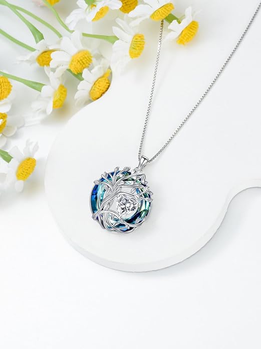 TOUPOP Tree of Life Birthstone Necklace Sterling Silver Pendant Birthstone Necklaces with Blue Crystal Anniversary Birthday Jewelry for Women Mom Wife Her