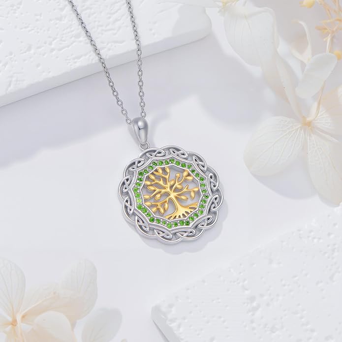 Sterling Silver Birthstone Celtic Tree of Life Necklace, 18K Gold Plated Colored Gemstone Tree of Life Pendant Two-Tone Necklaces Jewelry Birthday Gifts for Women 18" - 20"