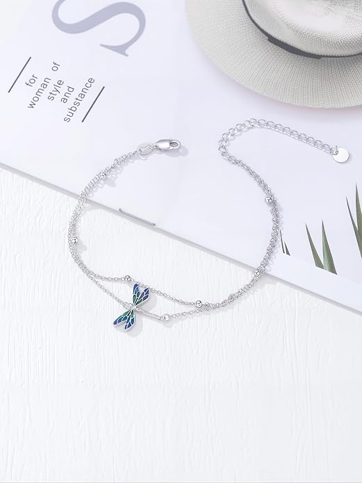 Dragonfly/Evil Eye/Hamsa Evil Eye/Lotus/Mushroom Anklet Bracelets for Women Sterling Silver Adjustable Double Layered Bracelet Anklet Mother's Day Jewelry Gifts Beach Jewelry