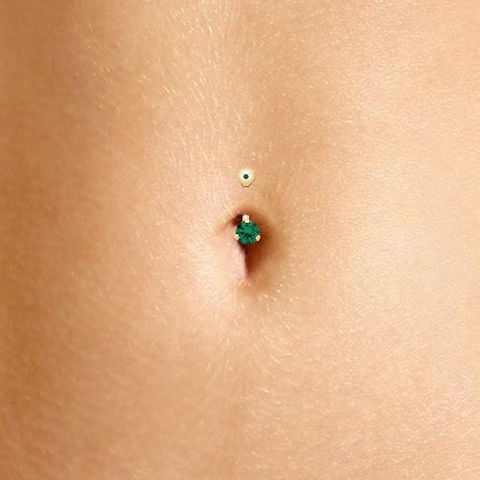 AFFY Internally Threaded Belly Button Navel Ring for Women, Three-Prong Round Simulated Birthstone in 14K Gold Over 925 Sterling Silver, Body Piercing Jewelry Gift