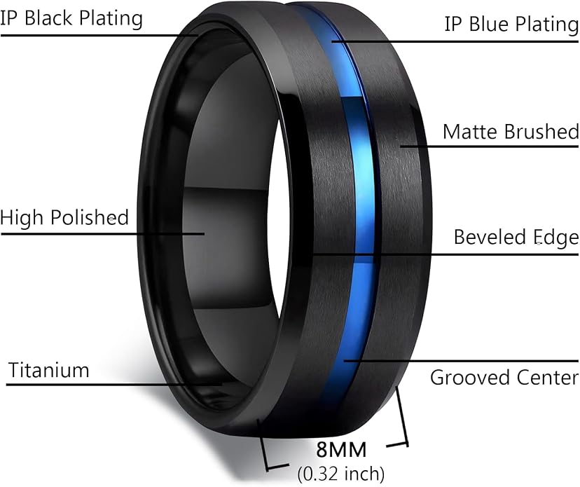 MMTTAO Men's Titanium Ring Wedding Bands for Men Women 6MM 8MM 10MM Black/Blue/Silver Engagement Band Wedding Rings Beveled Edge Brushed Matte Finished & Polished Grooved Center Comfort Fit Size 6-13