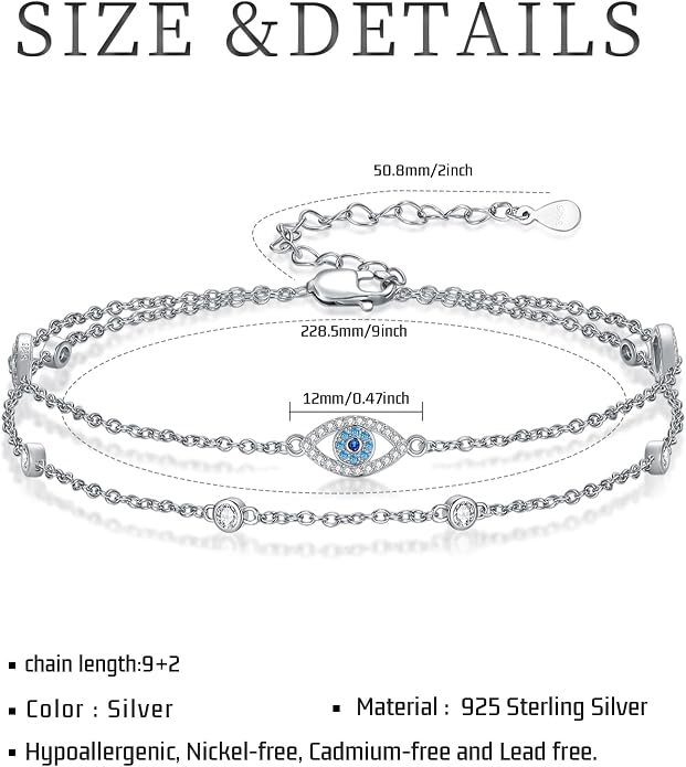 Evil Eye/Butterfly Cross Anklet for Women 925 Sterling Silver Blue Evil Eye Anklets Butterfly Bracelets Greek Blue Eyes Layered Protection Chain Jewelry Christmas Gifts