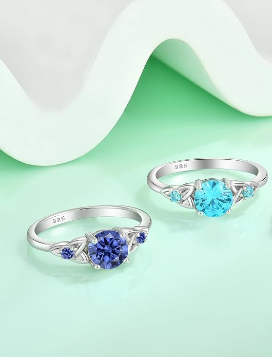 Celtic Knot Rings for Women 925 Sterling Silver Solitaire Ring Wedding Engagement Band Round Birthstone Jewelry Size 5-10