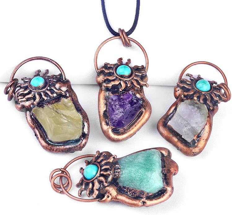 LE SKY 2Pcs Natural Raw Crystal Quartz Pendant Necklaces, Vintage Copper Wrapped Irregular Wire Gemstone Choker, Boho Sun Turquoise Healing Stone Jewelry Gifts for Women