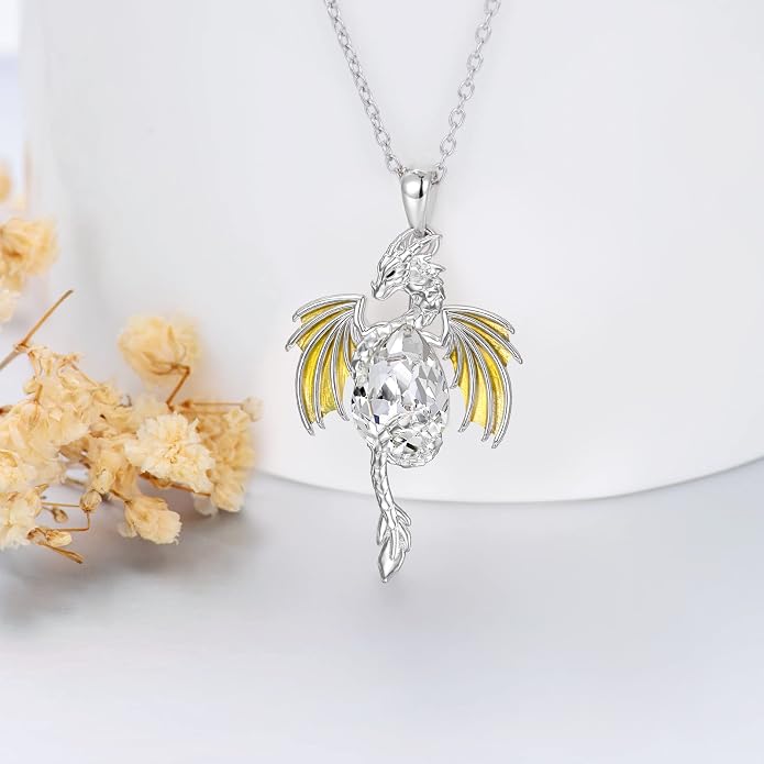 Dragon Necklace for Men Sterling Silver Birthstone Wyvern Necklace Embllished with Teardrop Shaped Crystal Jewelry for Women