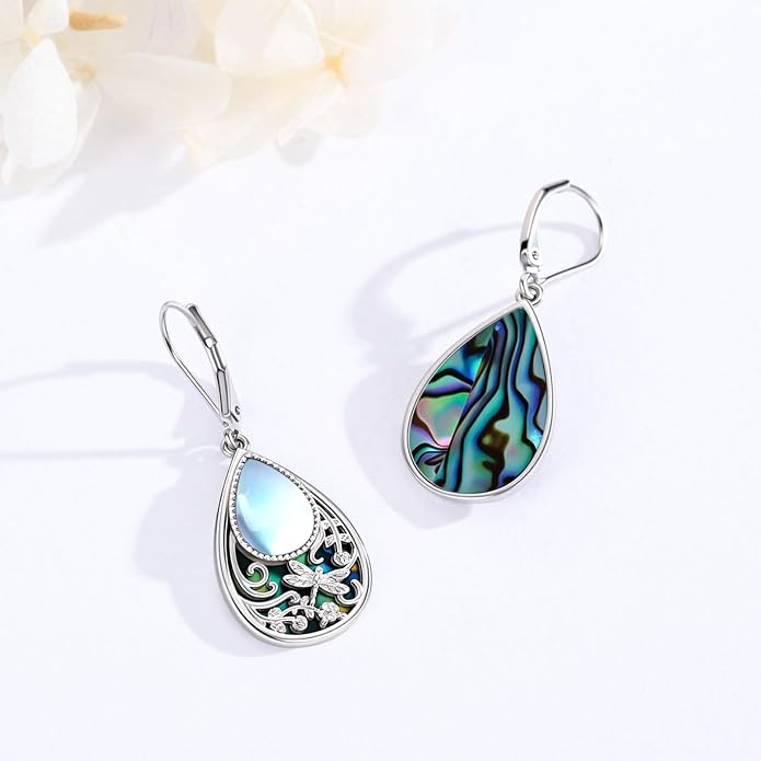 Dragonfly Filigree Earrings 925 Sterling Silver Teardrop Moonstone Abalone Shell Dangle Drop Earrings Filigree Jewelry Gifts for Women