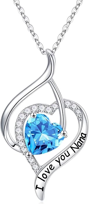 Nana Gifts Sterling Silver Heart Birthstone Necklaces, I Love You Nana Gifts for Mothers, Grandma