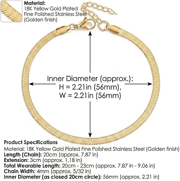 18K Yellow Gold Plated Stainless Steel Herringbone Snake Chain Anklet Flat Link Chain Women's Jewelry Waterproof Hypoallergenic
