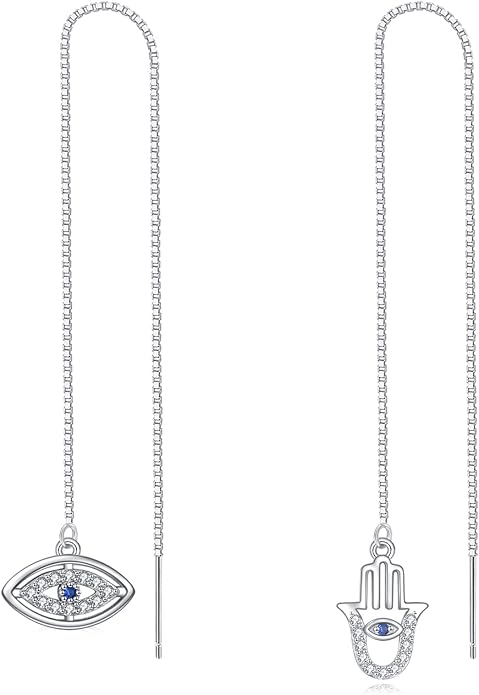 Sterling Silver Threader Earrings Flower Heart Moon Star Tiny Cube Rhombus Sector Beads Dream Catcher Evil Eye Butterfly Leaf Lightning Bolt Tassel Dangle Drop Chain Charm Earrings Jewelry Gifts for Women