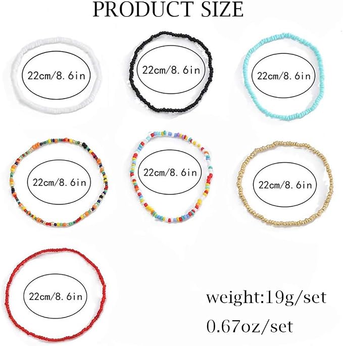 Boho Handmade Beaded African Anklets Multicolor Women Stretch Seed Beads Rainbow Ankle Bracelets Glass Bead Bracelet Elastic Foot and Hand Chain Jewelry (7PCS)