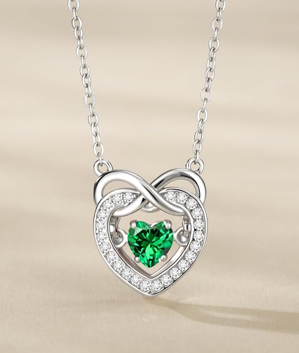 Trendy Dainty Infinity Birthstone Necklace, Dancing Heart 18K White Gold Plated 925 Sterling Silver Heart Necklace, Romantic Love Jewelry Graduation Gifts for Women Her