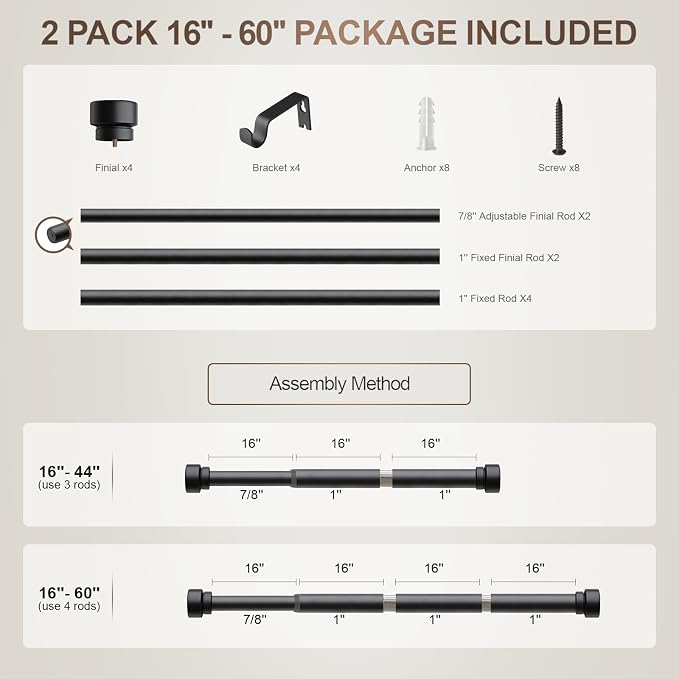 Lootkell 2 Pack Matte Black Curtain Rods for Windows 28-48 Adjustable | Heavy Duty 1" Small Window Curtain Rod,Solid Metal Finials,Modern Design,Fits Outdoor,Kitchen,Bedroom,Living Room,Farmhouse